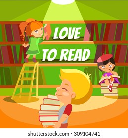 Love to read. Design concept about children's love to reading and books.Little kids reading at library. Vector illustration