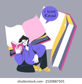 Amor leído. Hombre con libros. Club de literatura. Tarjeta de cruce de libros. Gusano de biblioteca de dibujos animados. Grandes libros de texto. Educación de los estudiantes. Lector disfrutando de la novela. Anuncio de librería. Personas hobbies. Afiche de Biblioteca de Vector