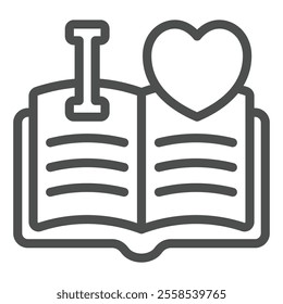 I love read at opened book line icon, reading book online concept. Vector graphics. Favorite textbook with heart shape sign on white background, outline style icon for mobile or web design