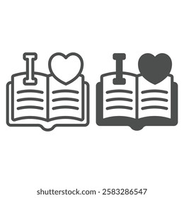 I love read at opened book line and solid icon, reading book online concept. Vector graphics. Favorite textbook with heart shape sign on white background, outline style icon for mobile or web design