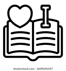 I love read at opened book line icon, reading book online concept. Vector graphics. Favorite textbook with heart shape sign on white background, style mobile or design