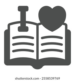 I love read at opened book solid icon, reading book online concept. Vector graphics. Favorite textbook with heart shape sign on white background, glyph style icon for mobile or web design