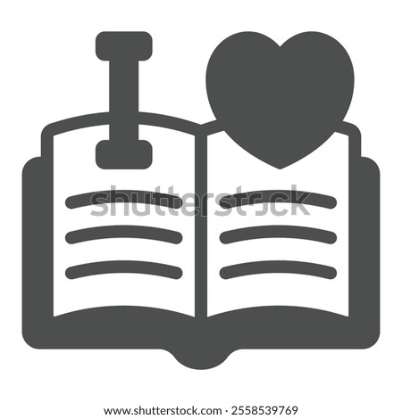 I love read at opened book solid icon, reading book online concept. Vector graphics. Favorite textbook with heart shape sign on white background, glyph style icon for mobile or web design