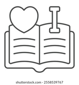 I love read at opened book thin line icon, reading book online concept. Vector graphics. Favorite textbook with heart shape sign on white background, outline style icon for mobile or web design