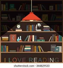 I love reading banner with bookshelf and lighting lamp.
