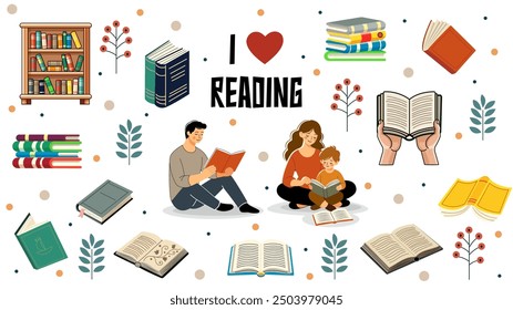 I love reading with book illustrations on white background. Vector illustration