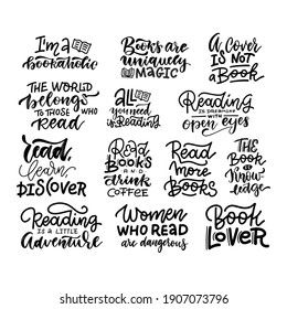 Love reading book lettering phrase set. Collection of hand drawn quotes about reading for teenagers. Vector hand drawn illustration