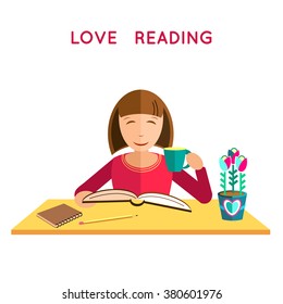 love reading books in flat style. Girl is reading book at the table and drinking coffee or tea. At the lessons at school. Student Preparation for Exams or tests. Study and education concept. Vector
