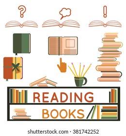 love reading books in flat style. Set of elements for design. At the lessons at school. Student Preparation for Exams or tests. Study and education concept. Vector