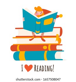 I love reading cartoon card with reading gnome character. Reading club card. Vector elf characters read a book.  
