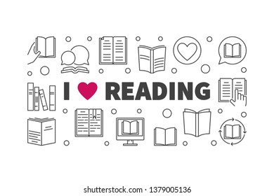 I love reading concept horizontal banner in thin line style. Vector illustration