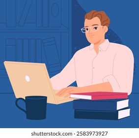 Love of reading concept. Man with laptops and stack of books. Student preparing for test or examination. Intellectual hobby and leisure. Knowledge and wisdom. Flat vector illustration