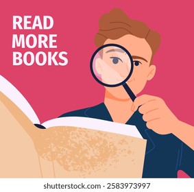 Love of reading concept. Man with magnifying glass read books. Education and training, learning. Graphic element for website. Knowledge and wisdom. Flat vector illustration