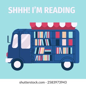 Love of reading concept. Van with books. Transportation and shipping. Reading and literature. Poster or banner. Intellectual hobby and leisure. Flat vector illustration