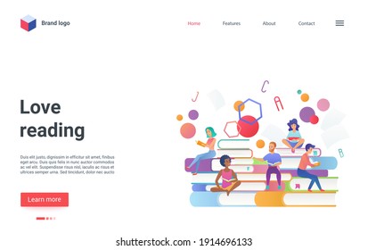 Love reading concept vector illustration. Cartoon happy group of people love to read, sitting on stack of books, holding paper story fantasy book or textbook in hands, world book day landing page