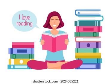 Me encanta leer el concepto de ilustración vectorial sobre fondo blanco. Mujer sentada y disfrutar de leer un libro de diseño plano. Gusano de biblioteca.