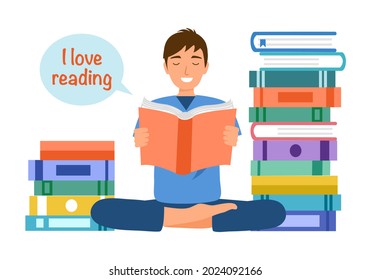 I love reading concept vector illustration on white background. Man sitting and enjoy reading book in flat design. Bookworm.