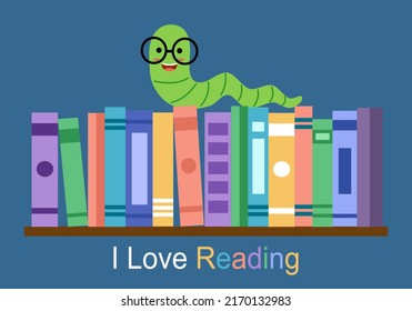 I love reading concept vector illustration. Bookworm on bookshelf in flat design.