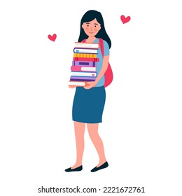 Ich liebe das Lesen von Konzept, Vektorgrafik. Frauen, die einen Stapel Bücher in flachem Design auf weißem Hintergrund halten.