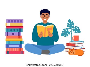 I love reading concept vector illustration on white background. Man sitting and enjoy reading book in flat design. Bookworm.