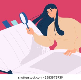 Love of reading concept. Woman with magnifying glass reads book. Poster or banner. Student preparing for test or examination. Intellectual hobby and leisure. Flat vector illustration