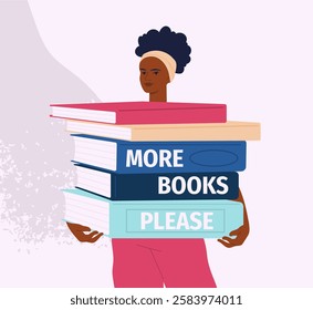 Love of reading concept. Woman with stack of books. Education and training, learning. Template and layout. Knowledge and wisdom. Intellectual hobby and leisure. Flat vector illustration