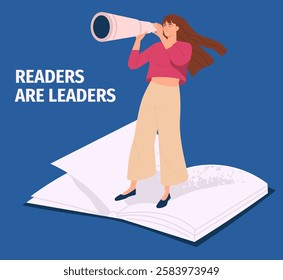 Love of reading concept. Woman with telescope. Education and training, learning. Young girl stands on open book. Intellectual hobby and leisure. Flat vector illustration