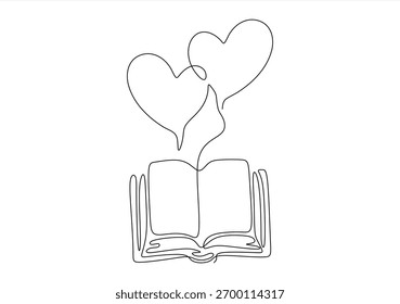 Love for Reading Continuous Line Art of a Book and Hearts. line icon-continuous line drawing. Editable stroke.