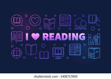 I love reading creative colored horizontal banner in outline style. Vector modern illustration on dark background