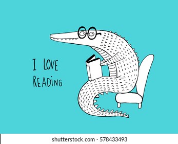 I Love Reading, Crocodile reading a book, black and white on blue background. Hand drawn vector illustration