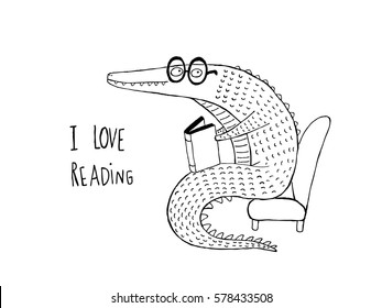 I Love Reading, Crocodile reading a book, black and white hand drawn vector illustration