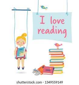 I love reading. Cute little girl sitting on a swing and reading a book. Vector illustration in cartoon style. Space for text. 