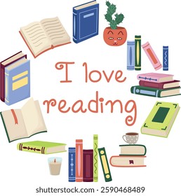 I love reading cute round design for banner or card. Set of books isolated on white	