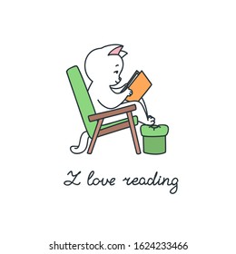 I love reading. Doodle illustration of a cute white cat sitting in an armchair and reading a book. Vector 8 EPS.