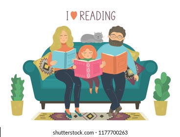 I love reading. Family reads books. Mother, father and daughter read books on sofa on white background. Stay at home