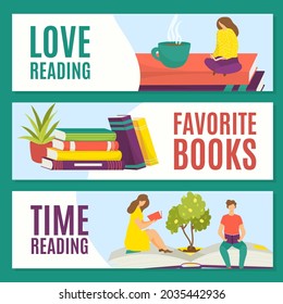 Love reading favorite books, reading time, set concept, vector illustration. Man woman people character read, resting with book stack.