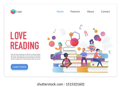 Love reading flat vector landing page template. Children and adult literature archive website homepage layout. Cartoon characters with books. School textbooks library, self education web banner design