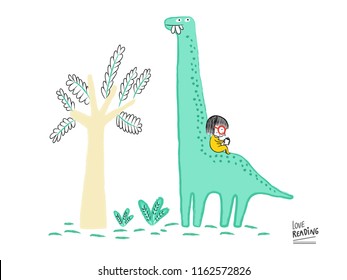 Love Reading. Girl reading a book on top of a Diplodocus, vector illustration