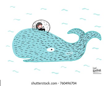 Love Reading. Girl reading a book on a whale under the sea, hand drawn vector illustration