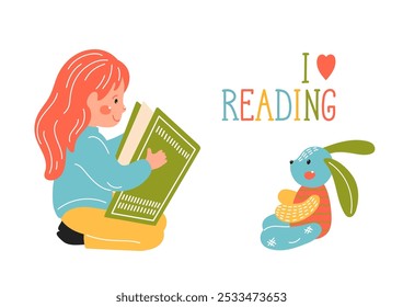 I love reading. Girl reading books for toy hare. Reading, literature, education concept.