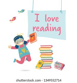 I love reading. Girl jumping with a book in hand. Space for text. Illustration in cartoon style, vector