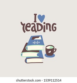 Love reading illustration. Books and a Cup of coffee.  Hand-drawn cartoon illustration.