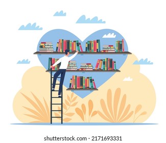 Love of reading. Leisure time activity, people hobbies, personal development, man on ladder puts book on shelf in library, knowledge and education vector cartoon flat literature concept