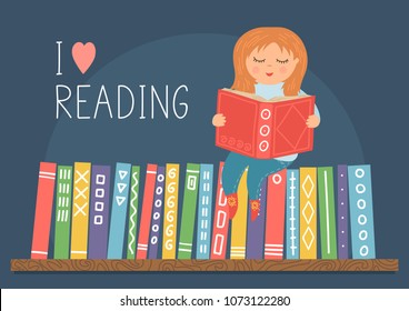 I love reading. Little girl reading book on bookshelf. Cute vector illustration.