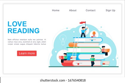 Love reading man on giant stack books as symbol of steps education way flat vector illustration web landing page. Book festival, education poster concept