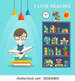 I Love Reading. Man sits on a stock of books and read his favorite book next to the bookcase. Vector flat illustration of education and school, study and literature