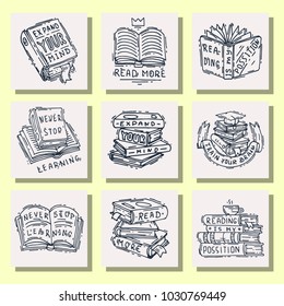 Love reading motivation quote phrases badge logo bubble on book vector illustration.