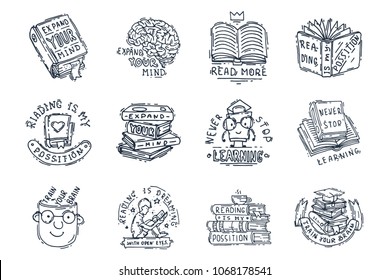Love Reading Motivation Quote Phrases Badge Logo Bubble On Book Vector Illustration.