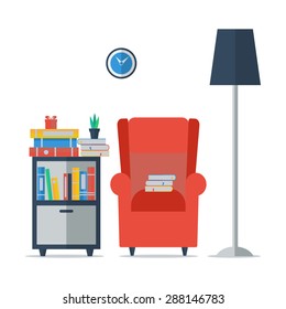 I love reading. Room interior with bookcase and armchair. Vector illustration