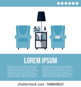 I love reading. Room interior with bookcase and armchairs. Vector illustration with place for your text. 